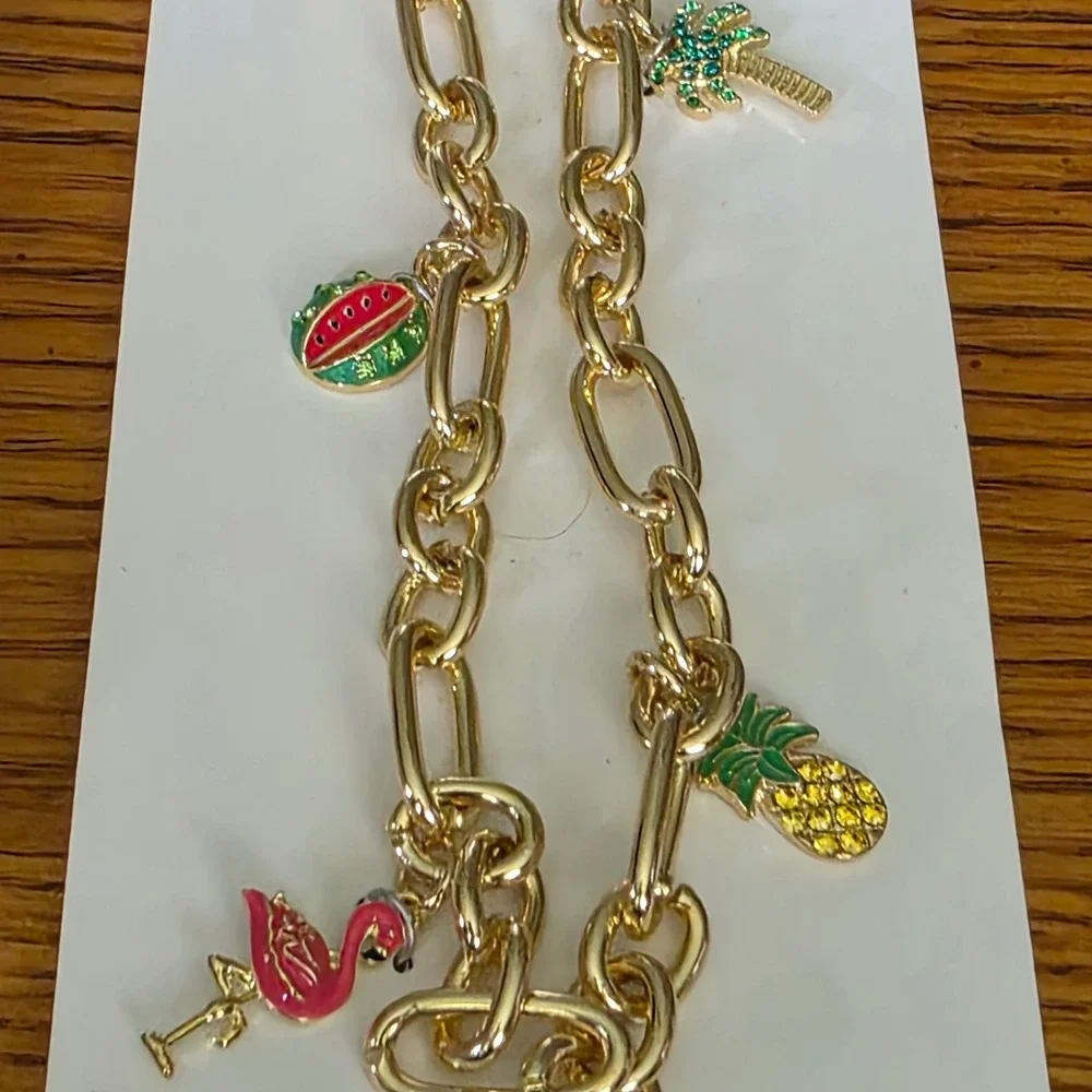 BaubleBar Phone Charm Wristlet Gold Tone Tropical Flamingo Fruit 12 Inch NEW